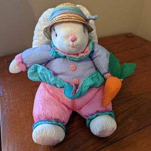 Easter Bunny in Bright Blue, Green & PInk w/Straw Hat Holding Carrot 11-inches